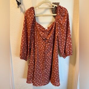 Pink Lily Rust Floral Mini Dress with Ruched Front